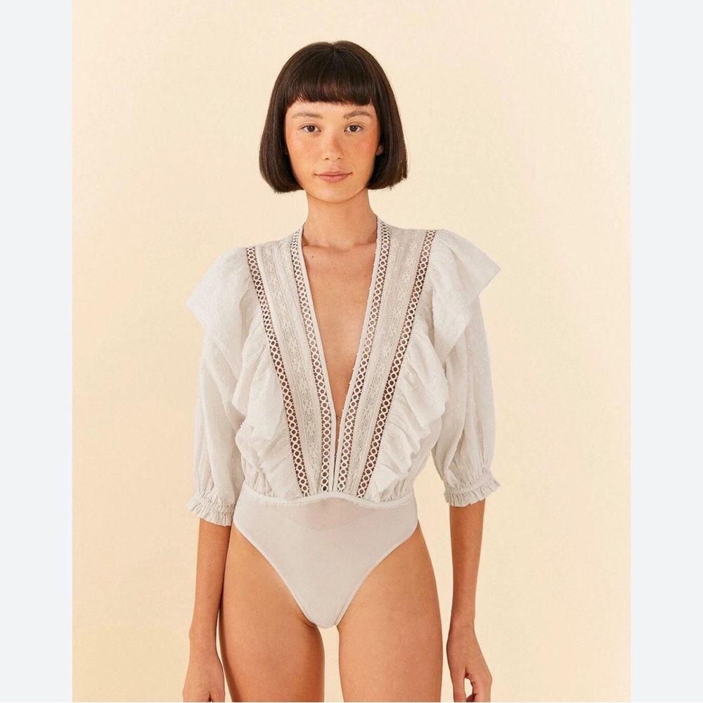 Farm Rio Lace Ruffle Swiss Dot Plunge V Neck Trimmed Bodysuit